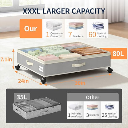 Yecaye 80L Under Bed Storage with Wheels, 2 Pack Under Bed Storage Containers with Lids for Clothes, Shoes and Blankets, Metal Rolling Underbed Storage Drawers for Bedrooms and Dorms, Grey