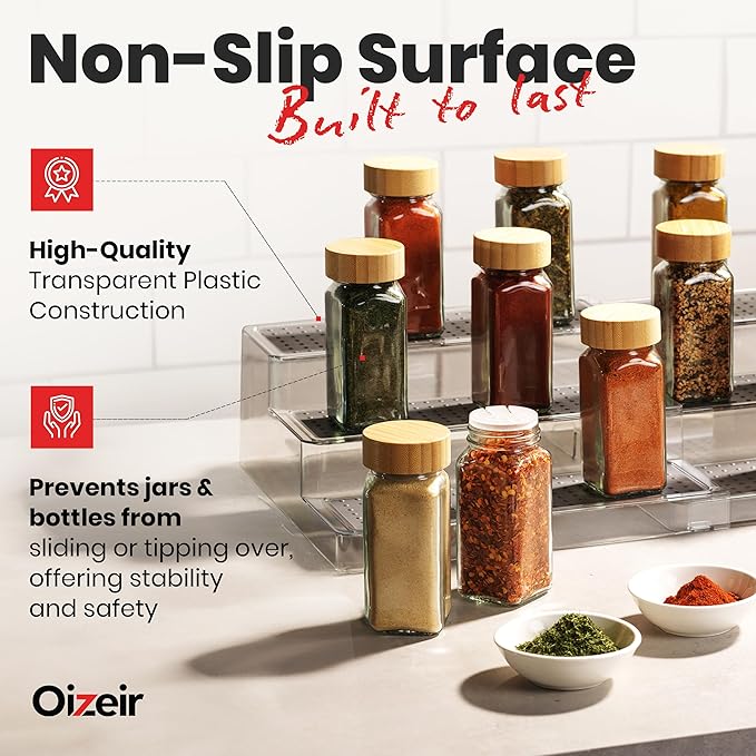 Oizeir Expandable Spice Rack Organizer for Cabinet (2 Pack), 3-Tier Clear Tiered Shelf, Non-Slip Adjustable Spice Cabinet Organizer for Kitchen Pantry, Medicine, Seasoning & Bottle Storage