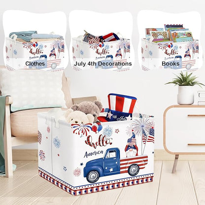 Clastyle Independence Day Patriotic Baby Gift Basket American Flag Firework Kid Book Toy Nursery Bin Collapsible Beach Towel Basket Clothes Organizer, Gnome, 40*30*30 cm