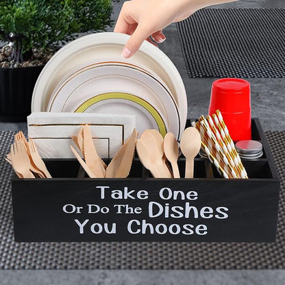 Large Paper Plate Holder Utensil Caddy Organizer for Countertop, Kitchen Silverware Caddy Holder for Cups, Forks, Spoons, Plates, Napkins, Wood Utensil Holder Paper Plate Dispenser for Party Picnic
