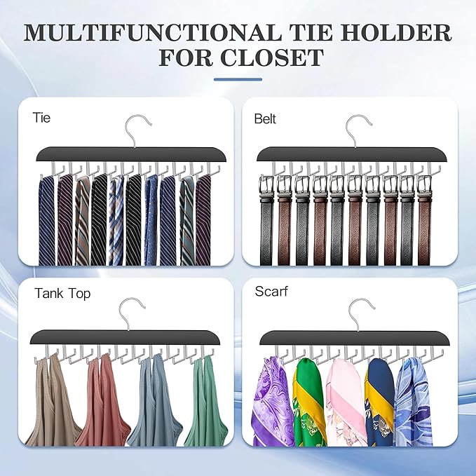 Tie Rack Hanger for Closet 20 Foldable Hooks, 2 Pack Wooden Non Slip Large Capacity Space Saving Tie and Belt Organizer with 360° Rotating Hooks for Tank Tops Bras Scarves Hat