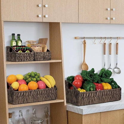 Rattan Storage Baskets, Handwoven Wicker Storage Bins with Built-in Handles, Storage Container Baskets for Shelves, Bedroom, Bathroom, Laundry Room or Kitchen(Black)
