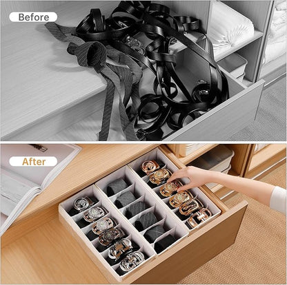 3 Packs Fabric Belt Organizer, 6 Grids Belt Organizer for Closet and Drawer, Foldable Dresser Drawer Organizers,Tie Storage -Beigewhite