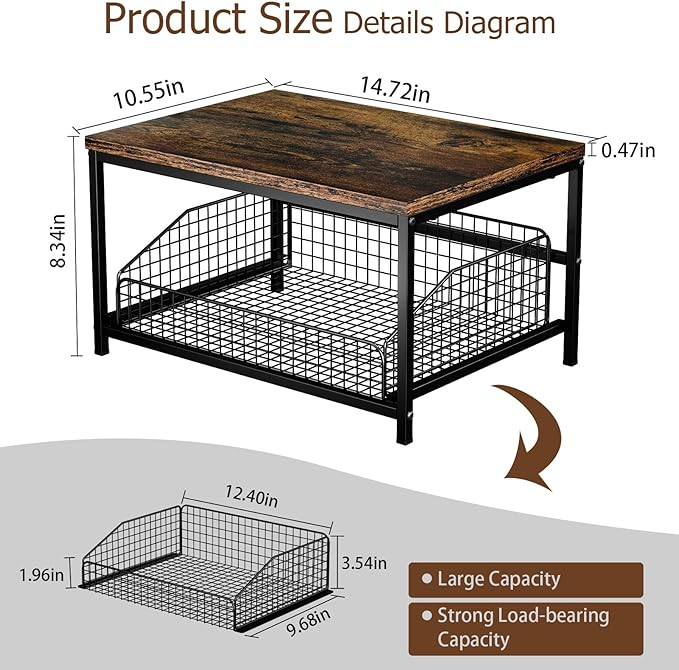 KLM Pull Out Spice Rack Organizer for Cabinet,Rustic Wood Top with Wire Basket Storage,Kitchen Countertop Organizer and Storage for Pantry, Counter top,Coffee Station Wood. (Brown)