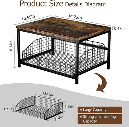 KLM Pull Out Spice Rack Organizer for Cabinet,Rustic Wood Top with Wire Basket Storage,Kitchen Countertop Organizer and Storage for Pantry, Counter top,Coffee Station Wood. (Brown)