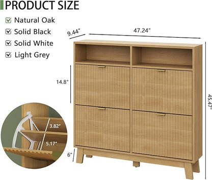Xixini Shoe Cabinet with 4 Flip Drawers, 46" Tall Hidden Fluted Shoe Storage Organizer for Entryway, Narrow Slim Wooden Shoe Rack Cabinet for Front Door Entrance, Hallway, Living Room, Natural Oak