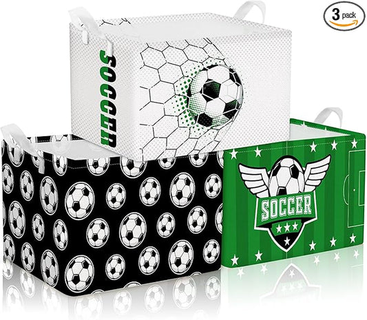 CHENGU 3 Pcs Soccer Baskets Storage Soccer Basket for Gifts Collapsible Waterproof Canvas Cube Sports Storage Bin Organizer with Handles for Clothes Toys Balls Shelf Nursery Boxes Decor