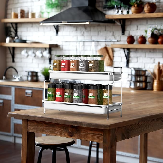 Simple Houseware 2-Tier Spice Rack Kitchen Bathroom Organizer Countertop Shelf, White