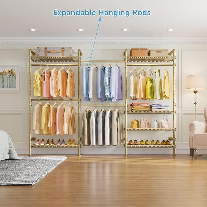 Timate L3 L Shape Gold Heavy Duty Clothes Rack, Industrial Pipe Wall Mounted, Adjustable 6 Shelves, 5 Closet Rods, Space Saving