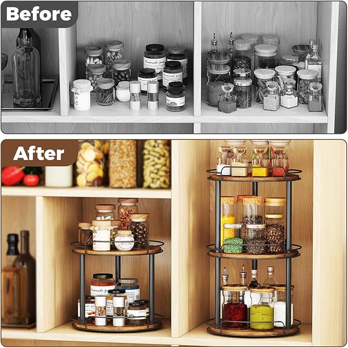 LAMU 10'' Wood Lazy Susan Turntable Organizer for Cabinet, 3 Tier Lazy Susan Spice Rack Organizer for Kitchen, Wood Cake Turntable for Cupcake Stand, Table Top, Countertop, Pantry, Bathroom