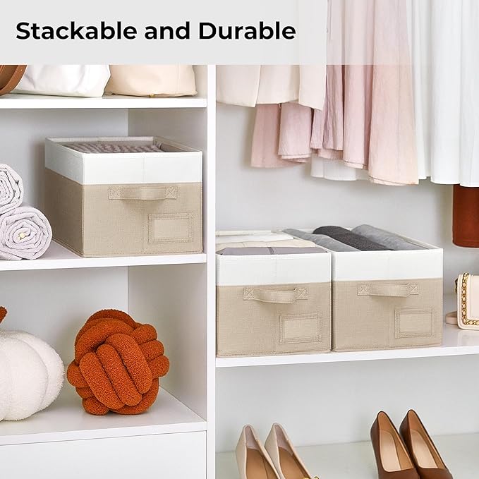 GRANNY SAYS Closet Storage Bins, Storage Baskets for Closet, Fabric Bins for Clothes, Closet Organizer Bins, Khaki&Ivory, Medium, 3-Pack
