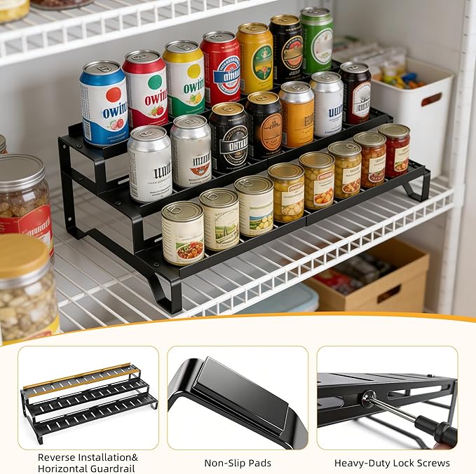 3 Tier Expandable Can Rack Organizer for Pantry, Adjustable 13"-21" Metal Soda Can Organizer, Pantry Organization Canned Food Storage Holder for Kitchen Cabinet Countertop, Black 1Pack