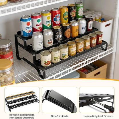 3 Tier Expandable Can Rack Organizer for Pantry, Adjustable 13"-21" Metal Soda Can Organizer, Pantry Organization Canned Food Storage Holder for Kitchen Cabinet Countertop, Black 1Pack