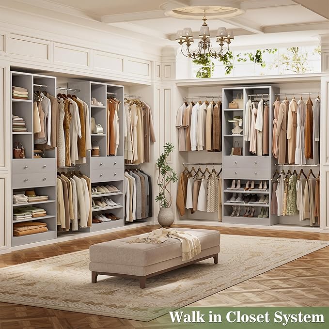 Besiost Closet System, 4.2–8.8 FT Closet Organizer with 2 Wooden Drawers and Shelves, Walk-in Closet System with 5 Hang Rods, Built-in Reach in Closet Tower, Can Fit 60 to 96 inch, Morandi Grey