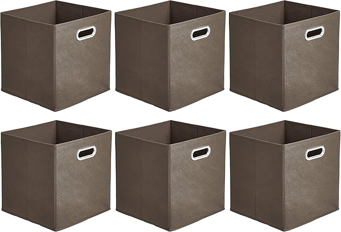 Amazon Basics Collapsible Fabric Storage Bins with Handle, Sturdy Space-Saving Cube Organizer, 10.5" x 10.5" x 11", Taupe, 6-Pack