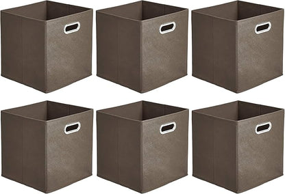 Amazon Basics Collapsible Fabric Storage Bins with Handle, Sturdy Space-Saving Cube Organizer, 10.5" x 10.5" x 11", Taupe, 6-Pack