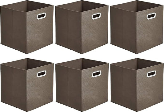 Amazon Basics Collapsible Fabric Storage Bins with Handle, Sturdy Space-Saving Cube Organizer, 10.5" x 10.5" x 11", Taupe, 6-Pack