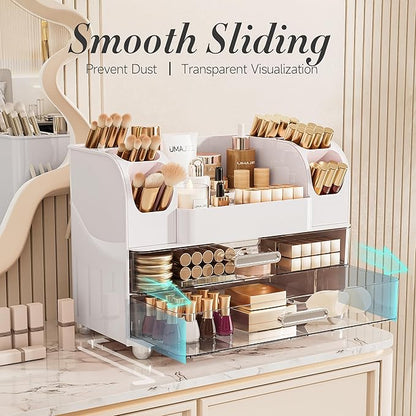 Delamu Large Makeup Organizer Countertop with 6 Brush Holders, Makeup Organizers for Vanity with 2 Large Drawers, Easy to Store Skincare, Lipsticks, Nail Polishes, Perfumes, Eyeshadow Palettes, White