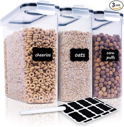 FOOYOO Cereal Containers Storage Set - 3 Piece Airtight Large Dry Cereal Container (135.2oz), BPA Free Dispenser Plastic Cereal Storage Containers with 16 Labels & Pen