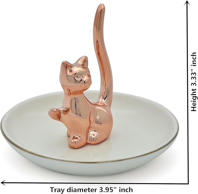 Rose Gold Lucky Kitten Rings Holder Jewelry Storage Dish Trinket Tray Decorative