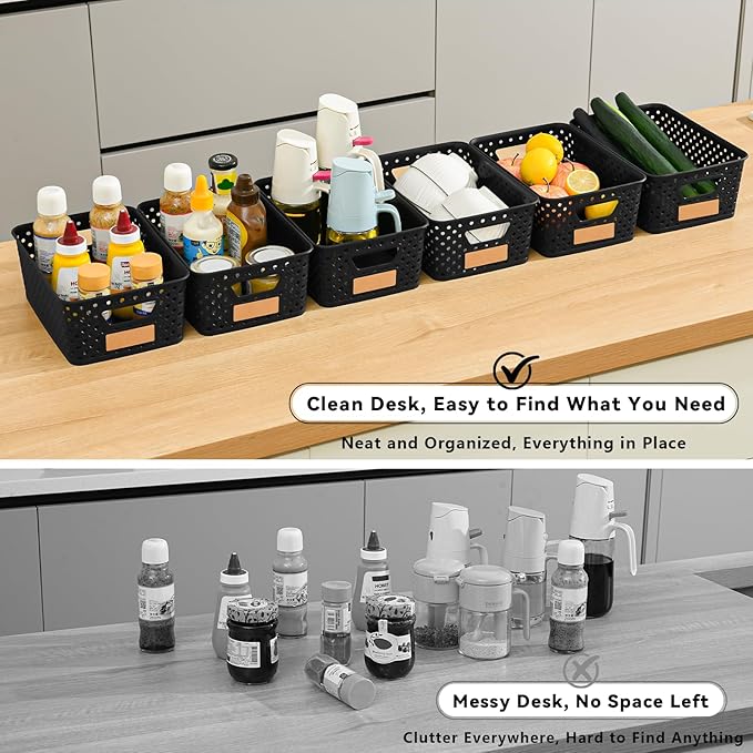 12 Pack Plastic Storage Baskets for Organizing, Storage Baskets for Shelves with Handles, Small Storage Bins with Labels, Organizer Baskets for Cabinet,Closet, Office,Black