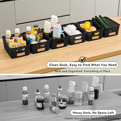 12 Pack Plastic Storage Baskets for Organizing, Storage Baskets for Shelves with Handles, Small Storage Bins with Labels, Organizer Baskets for Cabinet,Closet, Office,Black