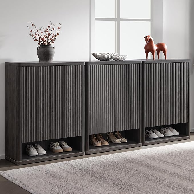 SICOTAS Shoe Cabinet 44 inch Tall Fluted Shoe Cabinet with Doors & 4 Shelves Wooden Large Hidden Shoe Storage Organizer Modern Free Standing 6-Tier Cabinet for Entryway Living Room Closet