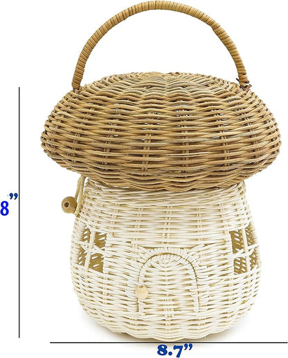 KOLWOVEN Mushroom Rattan Storage Basket with Lid - Mouse in a Box House- Small Doll house- Decorative Hand Woven Shelf Organizer Cute Handmade Handcrafted Gift Decoration Artwork Wicker (Natural)