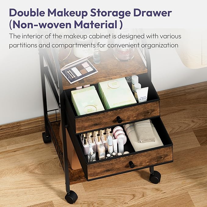 SWTYMIKI Rolling Makeup Organizer Cart - Floor Skincare Storage with Non-woven Drawers, Vanity Organizer Cosmetic Display Cases with Wheels, Cabinet for Skin Care Perfume Nail Polish Brush Hair Tool