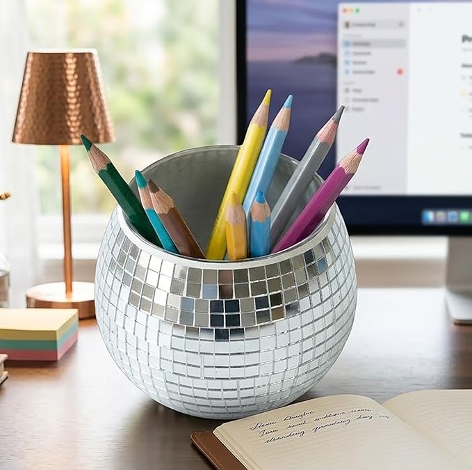 Glass Disco Ball Pen Holder with Smooth Grouting - Premium Mirror Mosaic Pencil Cup for Desk, Cute Makeup Brush Holder, Aesthetic Room Decor Gift (silver)