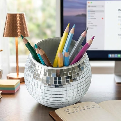 Glass Disco Ball Pen Holder with Smooth Grouting - Premium Mirror Mosaic Pencil Cup for Desk, Cute Makeup Brush Holder, Aesthetic Room Decor Gift (silver)