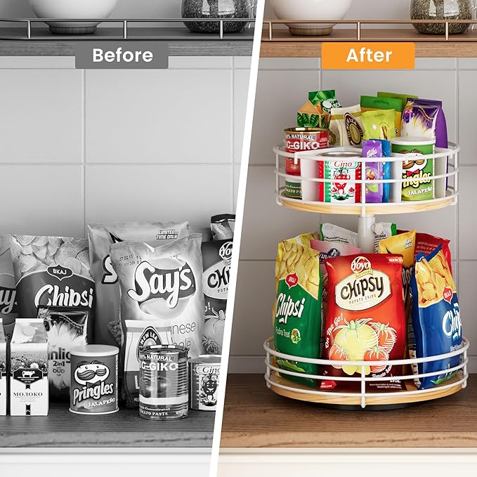 Snack Organizer with Adjustable Height and 360°Rotation, 2 Tier Lazy Susan Snack Storage Holder for Countertop Office Home Breakroom, White