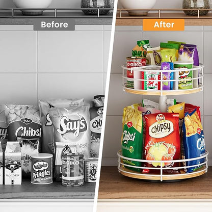 Snack Organizer with Adjustable Height and 360°Rotation, 2 Tier Lazy Susan Snack Storage Holder for Countertop Office Home Breakroom, White