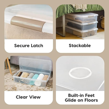 IRIS USA 40 Qt Plastic Under Bed Storage Nestable Organizer Bin Container with Secure Lids and Durable Buckles, 1-Pack, Under Bed Storage Containers for Clothes Shoes Bedding, Gray/Clear