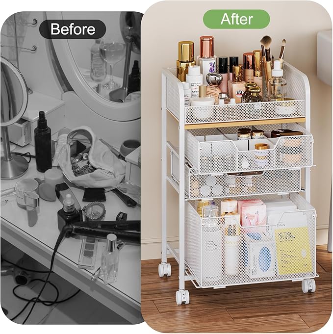 Hongtamoya Makeup Organizer Cart with Drawers, Floor Skincare Organizers Make Up Organizers Vanity Organizer Cosmetic Display Cases Holder for Skin Care Perfume Nail Polish Brush Hair Tool, White