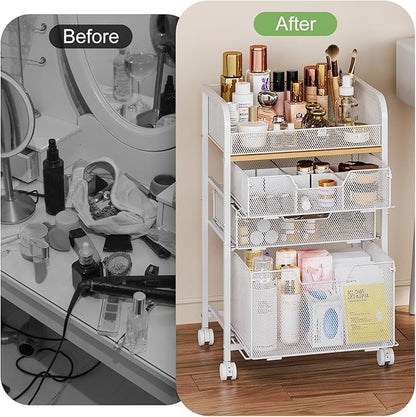 Hongtamoya Makeup Organizer Cart with Drawers, Floor Skincare Organizers Make Up Organizers Vanity Organizer Cosmetic Display Cases Holder for Skin Care Perfume Nail Polish Brush Hair Tool, White