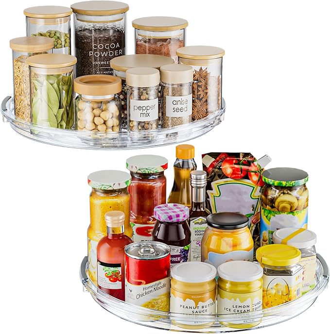 LAMU 12 Inch Lazy Susan Turntable, 360° Rotating Organizer Storage for Cabinet & Table Top, Pantry, Fridge, Bathroom, 2 Pack Clear Spice Rack, Kitchen Storage Tray for Medicine & Countertop