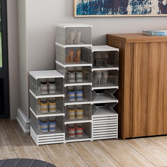 YIIHAA 6 Tier Shoe Rack Shoe Storage Box Size up to 14, No Assembly Stackable with Clear Door, Free Standing Shoe Shelf Cabinet with Lid, Plastic Shoe Rack (Transparent)