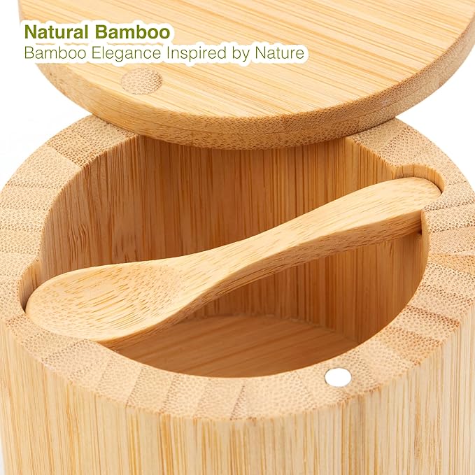 Bamboo Salt Cellar with Lid & Spoon – 6oz Magnetic Swivel Top Spice Container – Airtight Kitchen Storage for Salt, Spices – Stylish Bamboo Design with Easy Seal Magnetic Lid