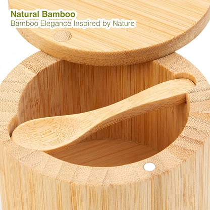 Bamboo Salt Cellar with Lid & Spoon – 6oz Magnetic Swivel Top Spice Container – Airtight Kitchen Storage for Salt, Spices – Stylish Bamboo Design with Easy Seal Magnetic Lid