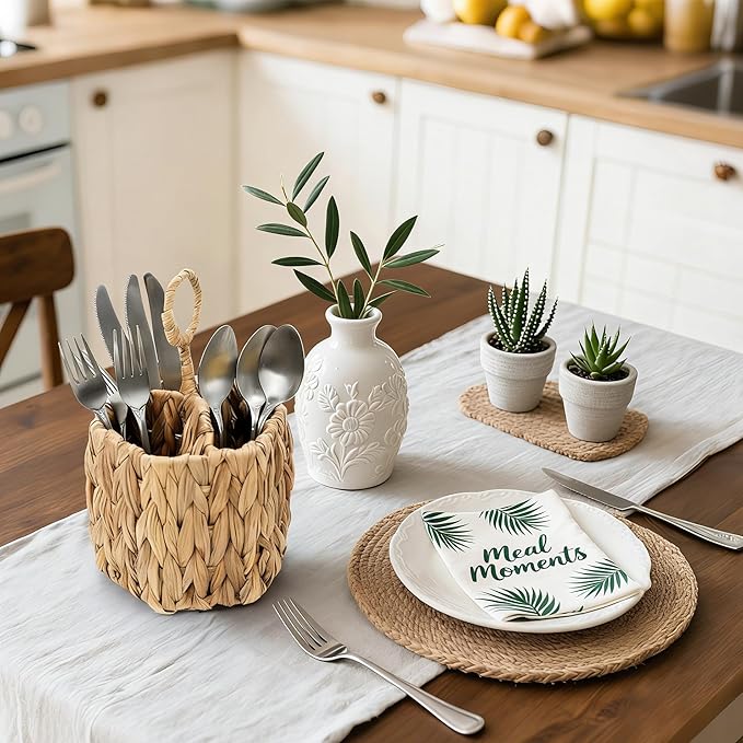 Hiceeden 2 Pack Woven Silverware Caddy with Handle, Natural Water Hyacinth Flatware Holder Organizer with 3 Compartments, Wicker Utensil Basket Cutlery for Kitchen Countertop, Picnic, Party, Hexagon