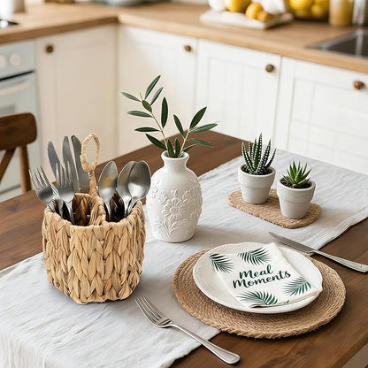 Hiceeden 2 Pack Woven Silverware Caddy with Handle, Natural Water Hyacinth Flatware Holder Organizer with 3 Compartments, Wicker Utensil Basket Cutlery for Kitchen Countertop, Picnic, Party, Hexagon