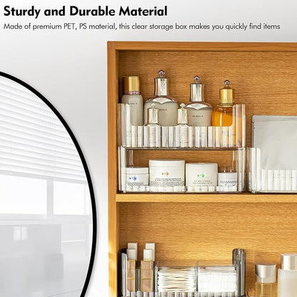 Poeland 2 Pack Stackable Makeup Organizer Tray, Transparent Cosmetic Display Case with 2 Lipstick Cases and 2 Cotton Swab Pad Boxes, Medicine Cabinet Shelves Organizer
