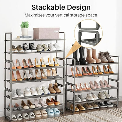 SNTD Shoe Rack - Expandable Shoe Organizer for Closet, Adjustable Metal Shoe Shelf Storage, Stackable Long Shoe Stand Holder for Garage, Entryway, Door Entrance (Grey, 4-Tier)
