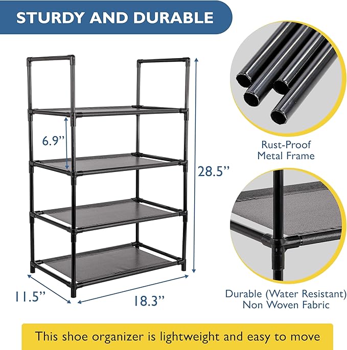 Sundaze Shoe Rack - 4 Tier Shoe Rack for Closet, Sturdy Stackable Shoe Organizer for Closet, Bedroom, Entryway, Garage, Non Woven Fabric Shelf, Black, Holds 8-12 Pairs