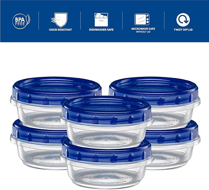 ELEGANT DISPOSABLES Twist Top Deli Containers Food Storage Containers Blue Screw on Lid Reusable Stackable Leakproof Airtight, pack of 20-8 oz containers