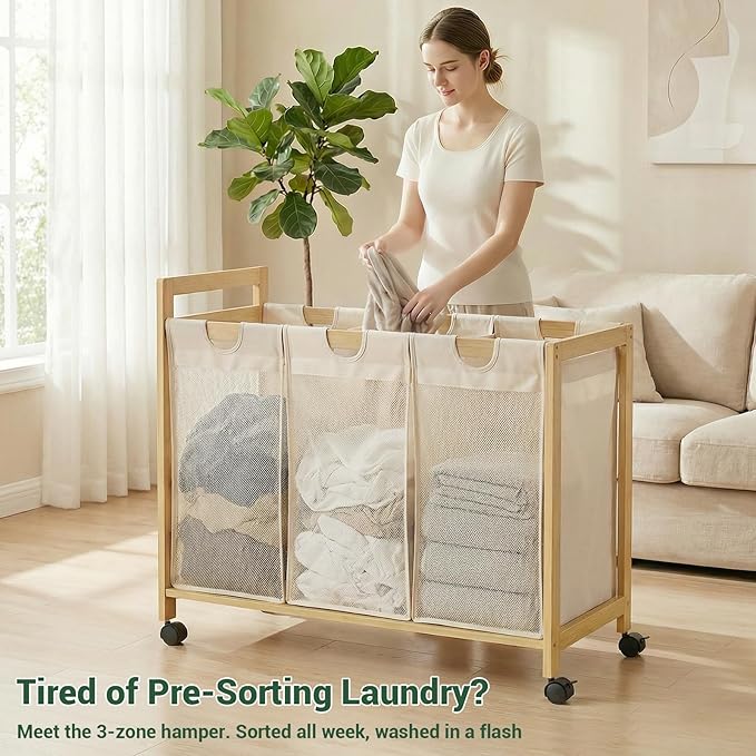 Homykic 250L Laundry Sorter Cart with Wheels, 3-Section Rolling Laundry Basket with Removable Bags, 66 Gal Large Laundry Hamper Organizer, Heavy Duty Bamboo Frame, Water-Resistant, Black