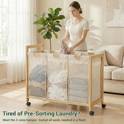 Homykic 250L Laundry Sorter Cart with Wheels, 3-Section Rolling Laundry Basket with Removable Bags, 66 Gal Large Laundry Hamper Organizer, Heavy Duty Bamboo Frame, Water-Resistant, Black