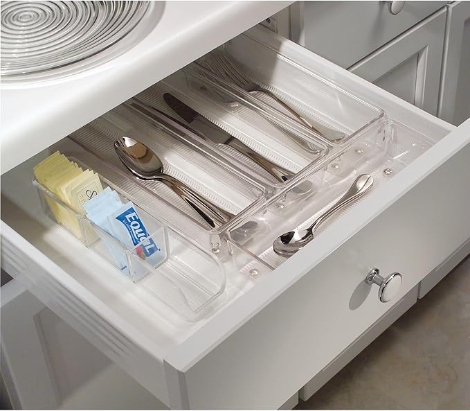 iDesign Plastic Drawer Organizer Bins - Storage for Kitchen, Bathroom, and Desk Drawers - Set of 3 - Clear