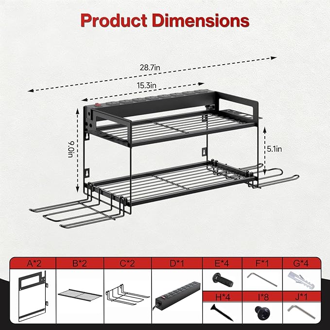 Garage Tool Organizer with Charging Station & Power Strip - 4 Drill Holder Wall Mount Rack, Heavy Duty Metal Shelf for Workshop Organization
